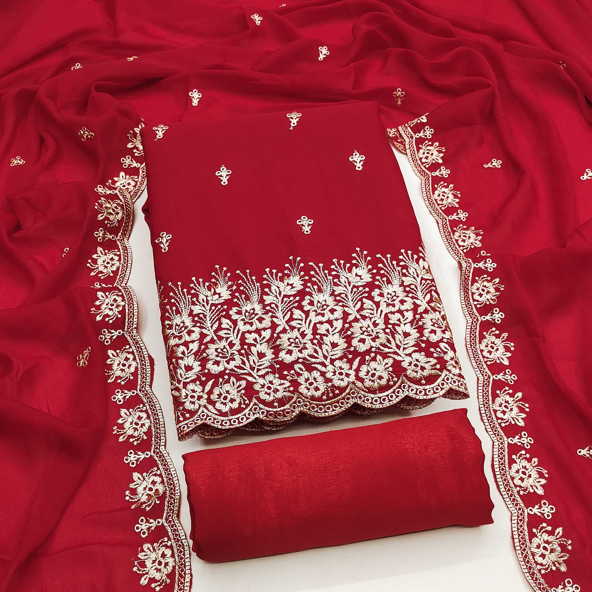 Red Georgette Dress Material With Delicate Floral Zari Embroidery