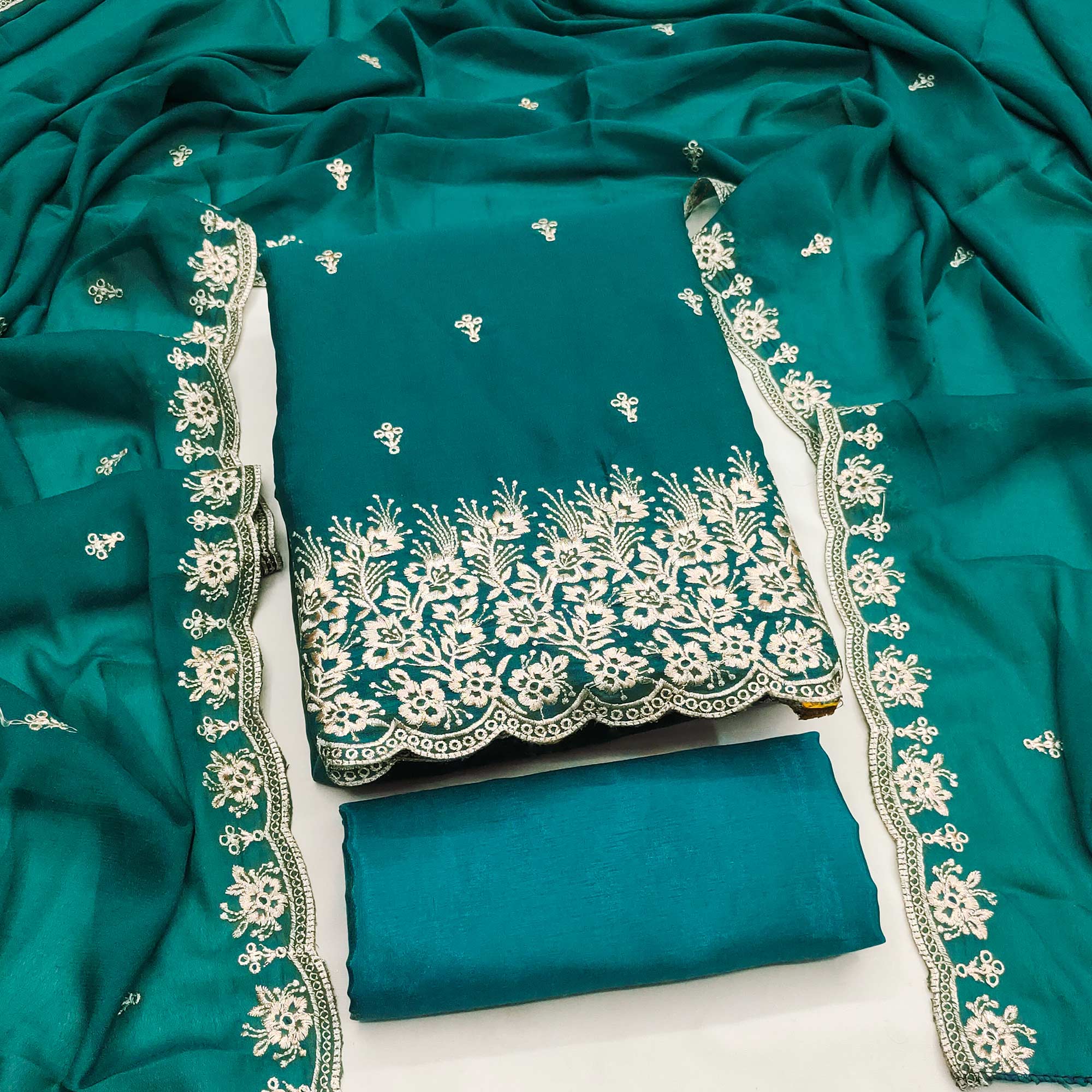 Teal Georgette Dress Material With Delicate Floral Zari Embroidery