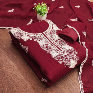 Maroon Dress Material With Threaded Floral Embroidery & Sequins on Crunchy Silk Georgette