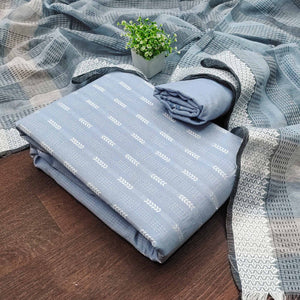 Graceful Grey Woven Work Dress Material In Poly Cotton Blend