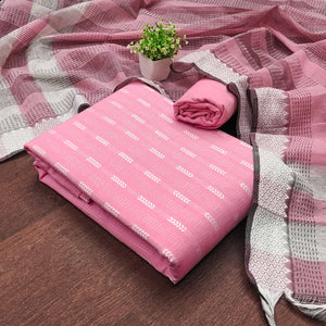 Elegant Pink Woven Texture Dress Material In Poly Cotton Blend