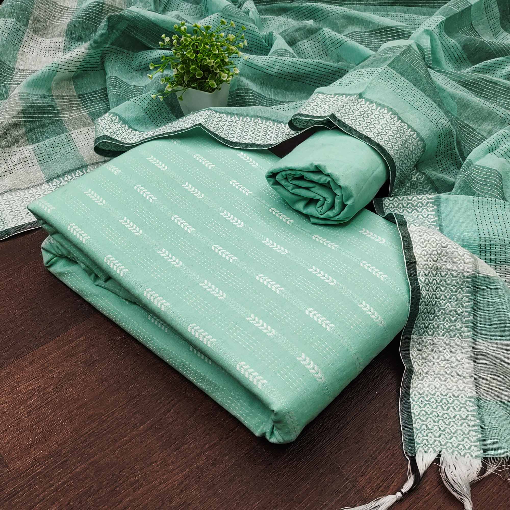 Refreshing Turquoise Woven Texture Dress Material In Poly Cotton Blend