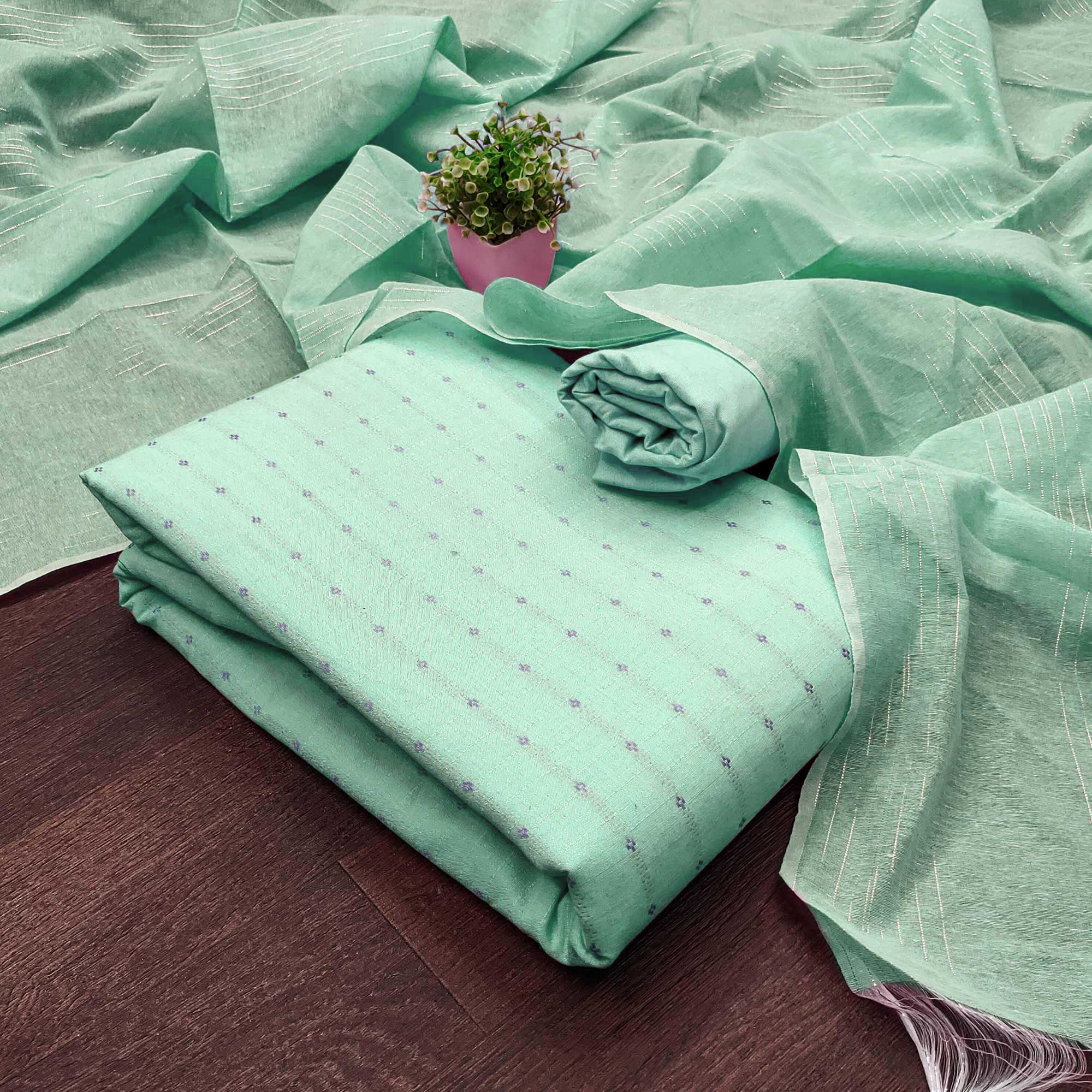 Graceful Turquoise Woven Poly Cotton Blend Dress Material