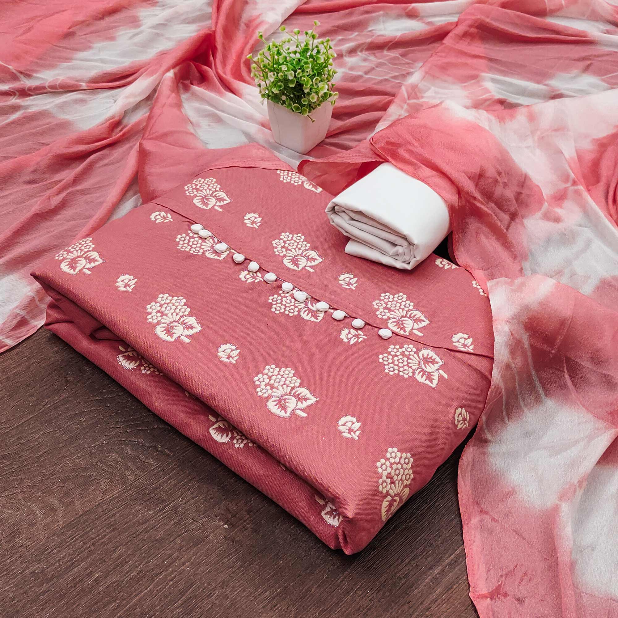 Graceful Peach Floral Print In Cotton Blend Dress Material