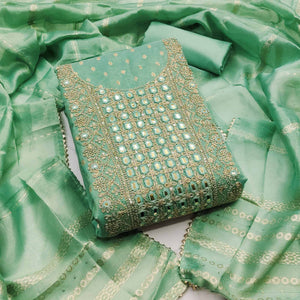 Green Weaving Dress Material In Shimmer Silk With Detailed Cording & Sequin Embroidery Work
