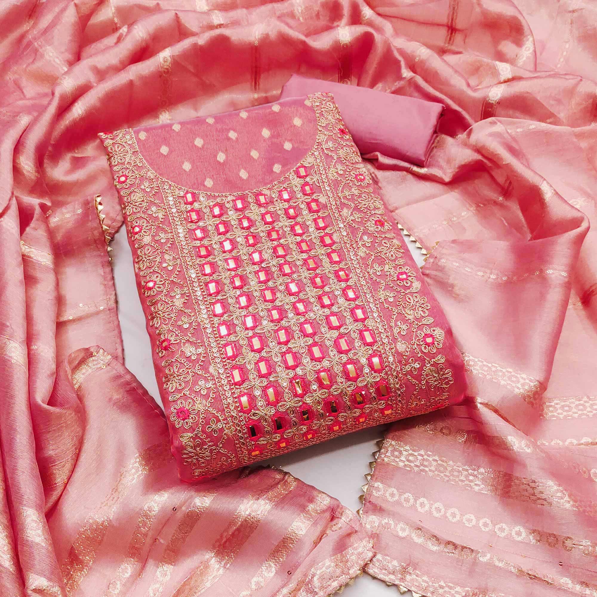 Peach Weaving Dress Material In Shimmer Silk With Detailed Cording & Sequin Embroidery Work