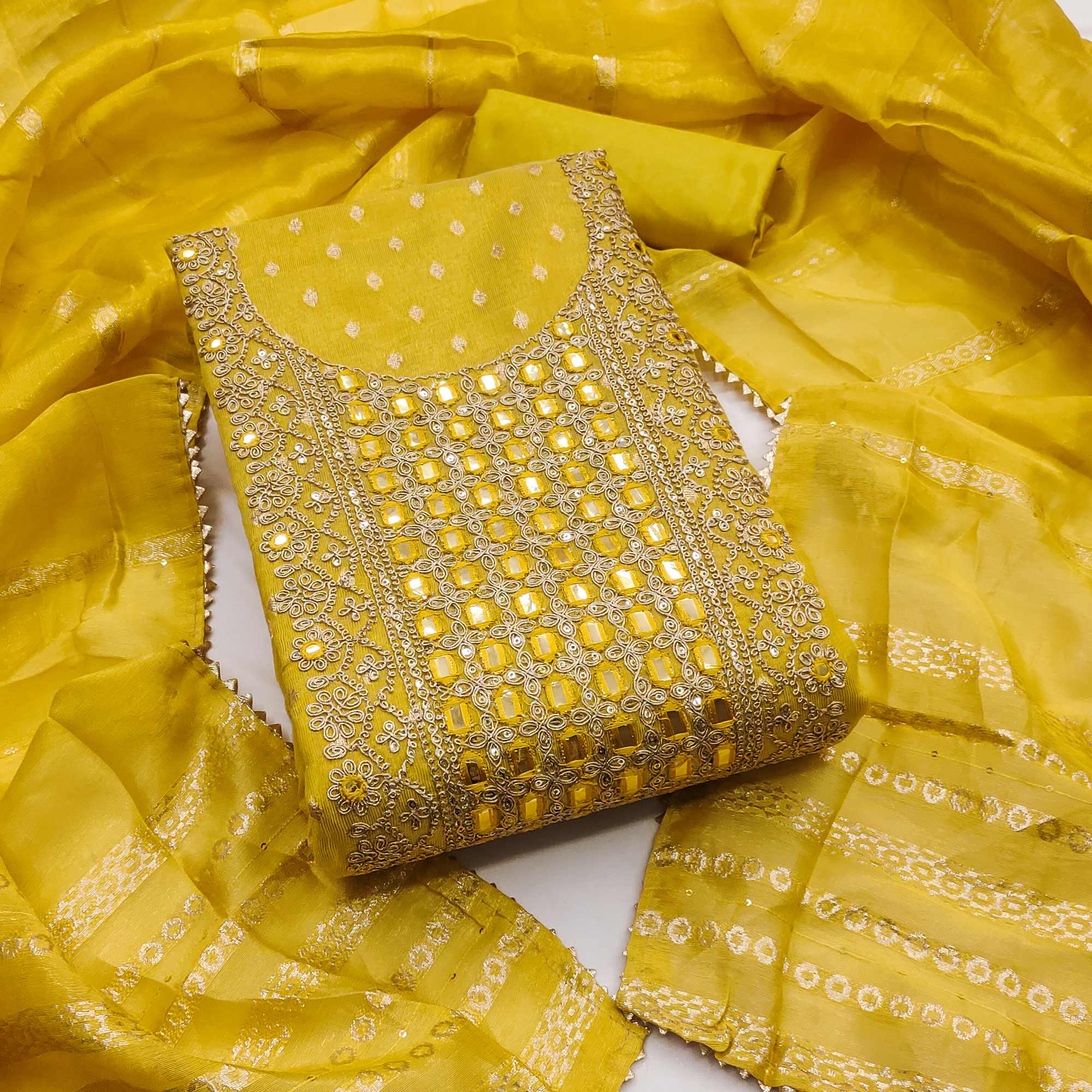 Yellow Weaving Dress Material In Shimmer Silk With Detailed Cording & Sequin Embroidery Work