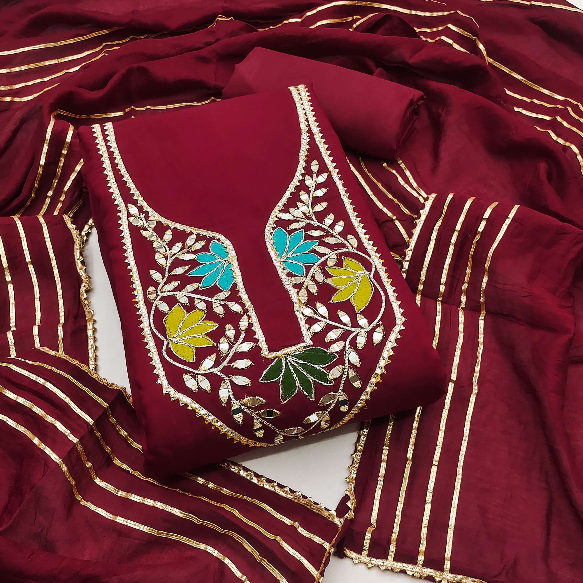 Maroon Floral Embroidery Chanderi Cotton Dress Material Embellished With Mirror & Gota Patti