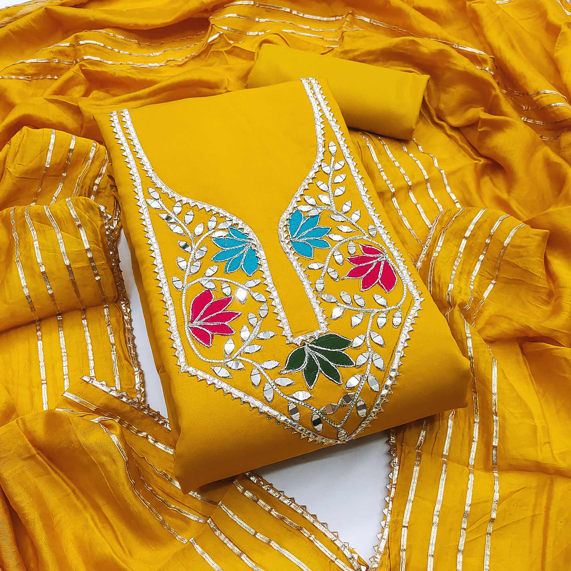 Mustard Floral Embroidery Chanderi Cotton Dress Material Embellished With Mirror & Gota Patti