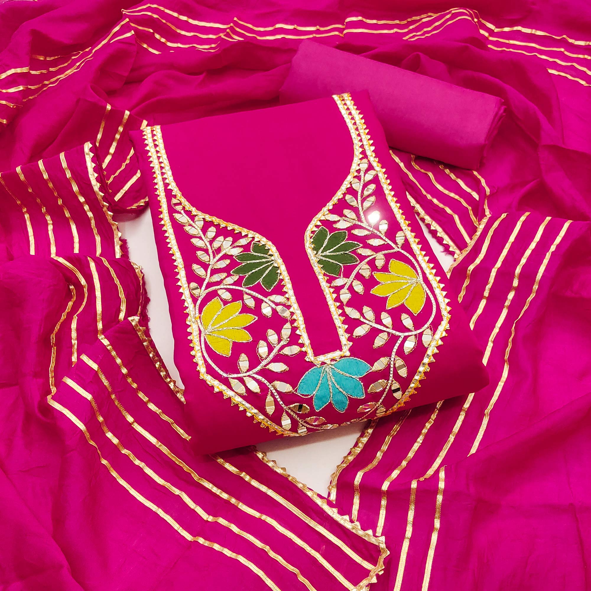 Pink Floral Embroidery Chanderi Cotton Dress Material Embellished With Mirror & Gota Patti