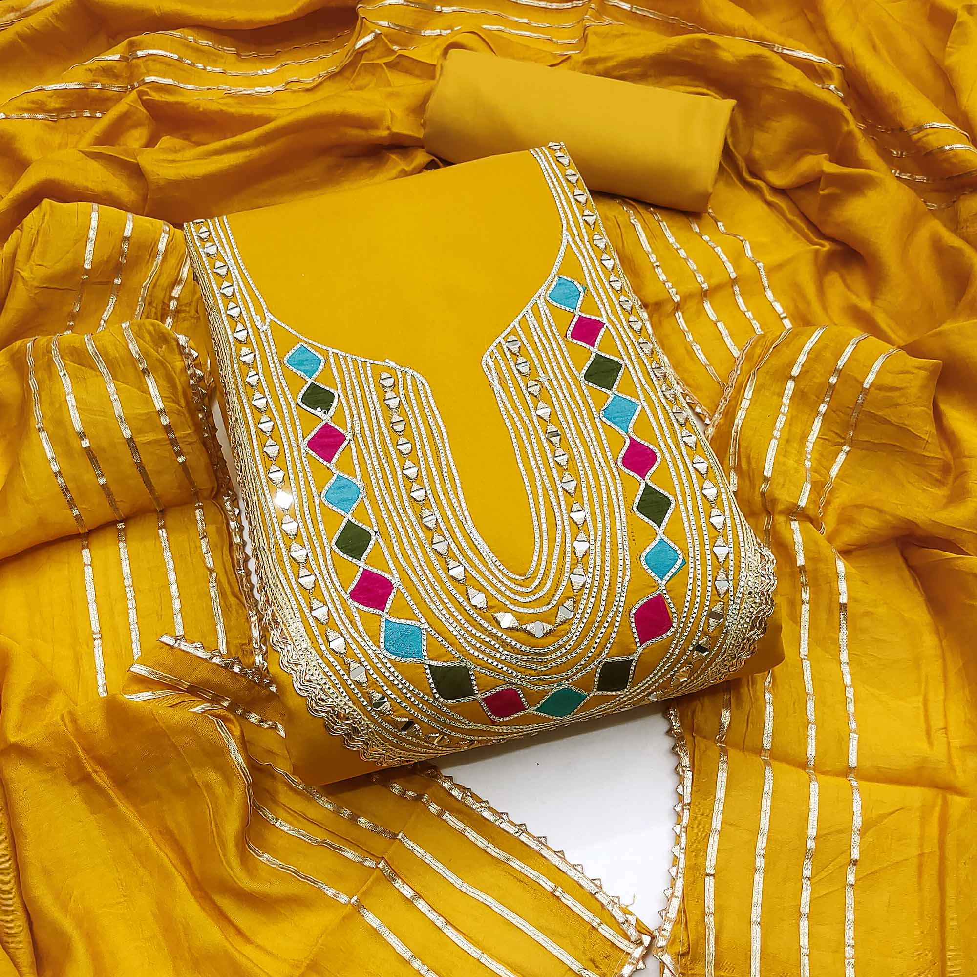 Mustard Embroidered Chanderi Cotton Dress Material With Reflective Mirror & Gota Patti Work