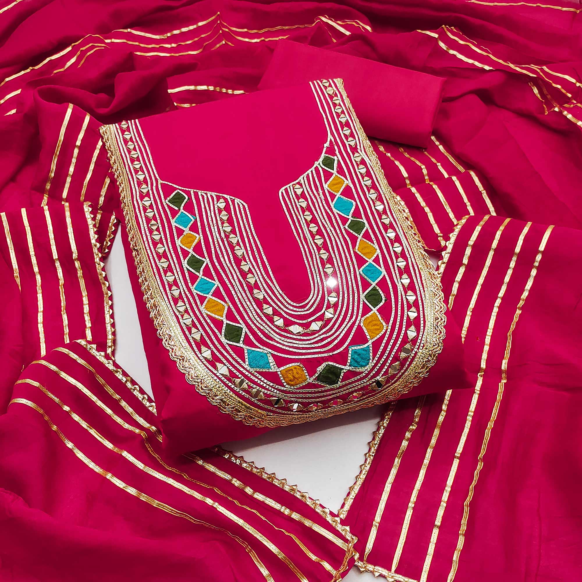 Rani Pink Embroidered Chanderi Cotton Dress Material With Reflective Mirror & Gota Patti Work