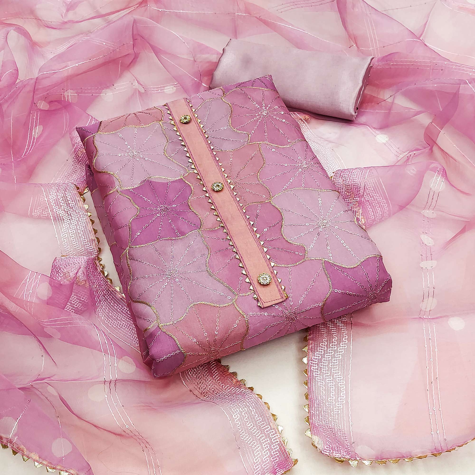 Purple Organza Suit Material with Delicate Sequins Embroidery to Elevate Your Look