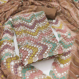 Brown Dress Material In Rich Jacquard With Intricate Heavy Embroidery