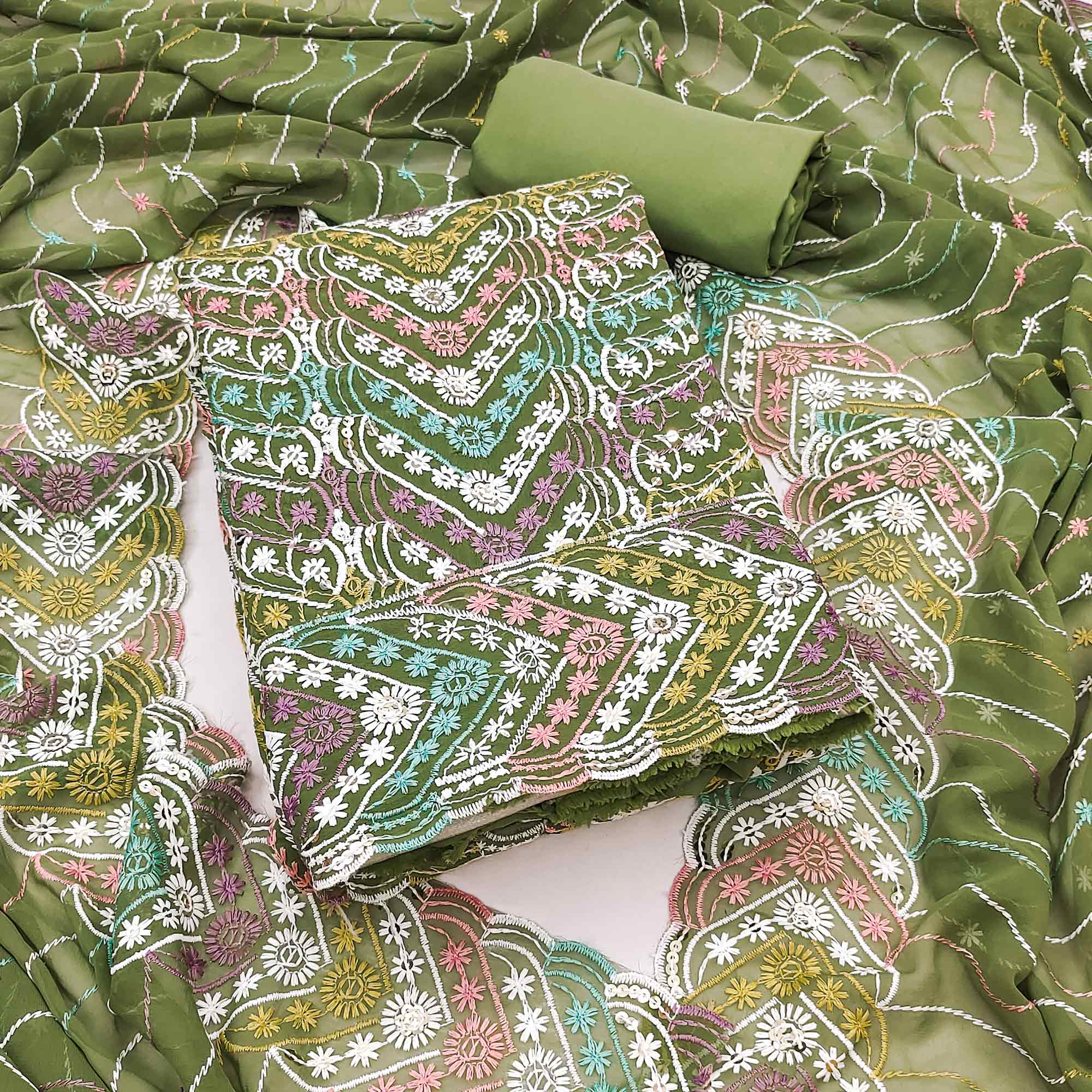 Green Dress Material In Rich Jacquard With Intricate Heavy Embroidery