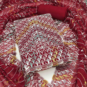 Maroon Dress Material In Rich Jacquard With Intricate Heavy Embroidery