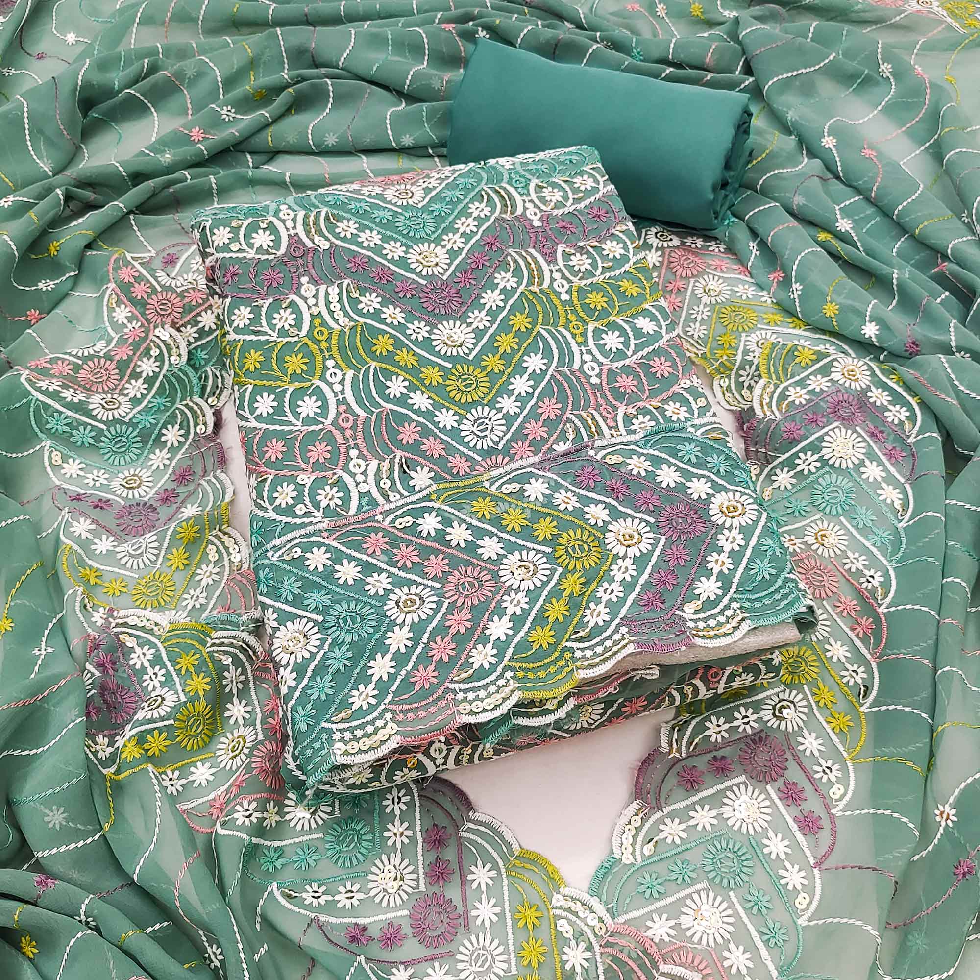 Sage Green Dress Material In Rich Jacquard With Intricate Heavy Embroidery