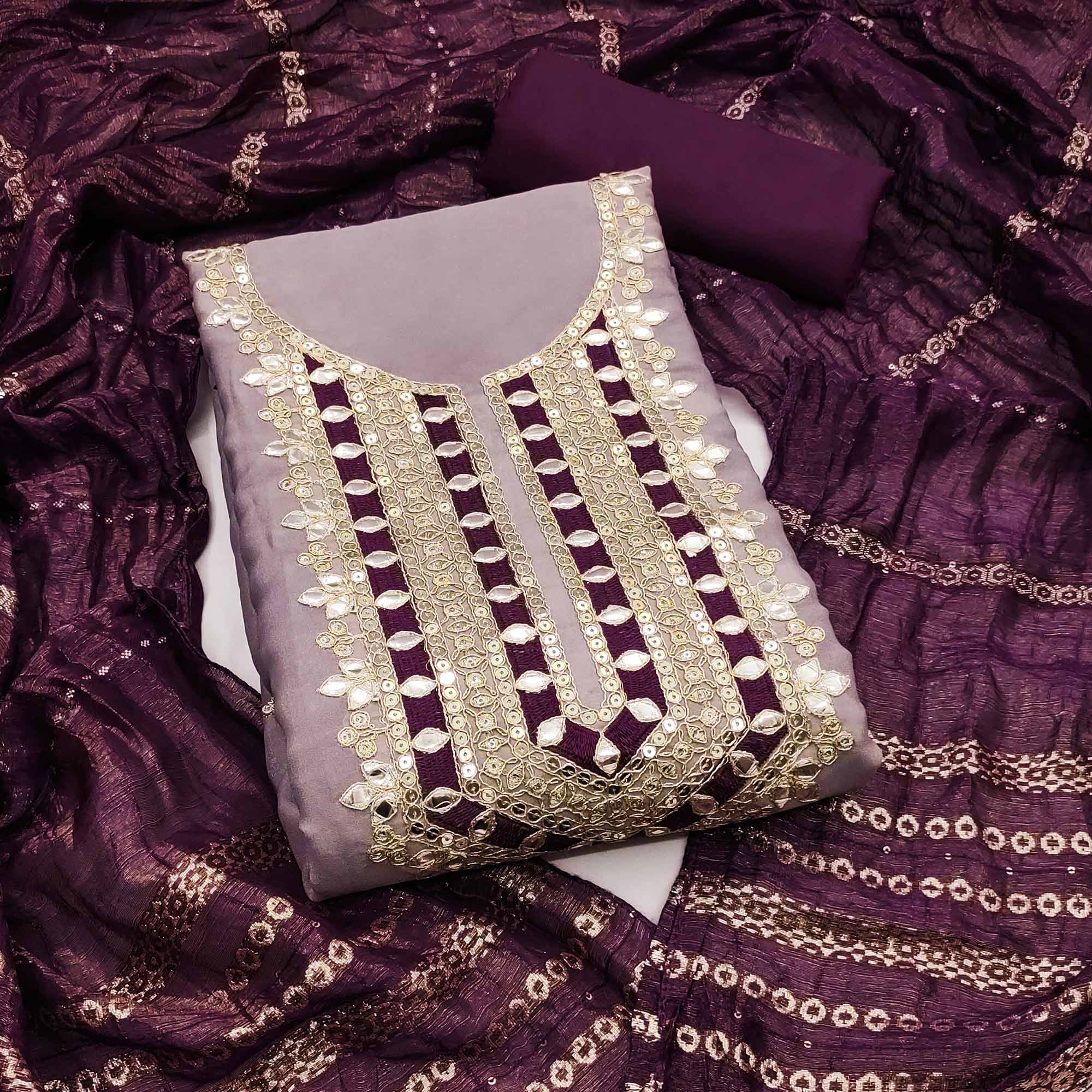 Lavender Georgette Suit Material with Beautiful Thread Work Embroidery