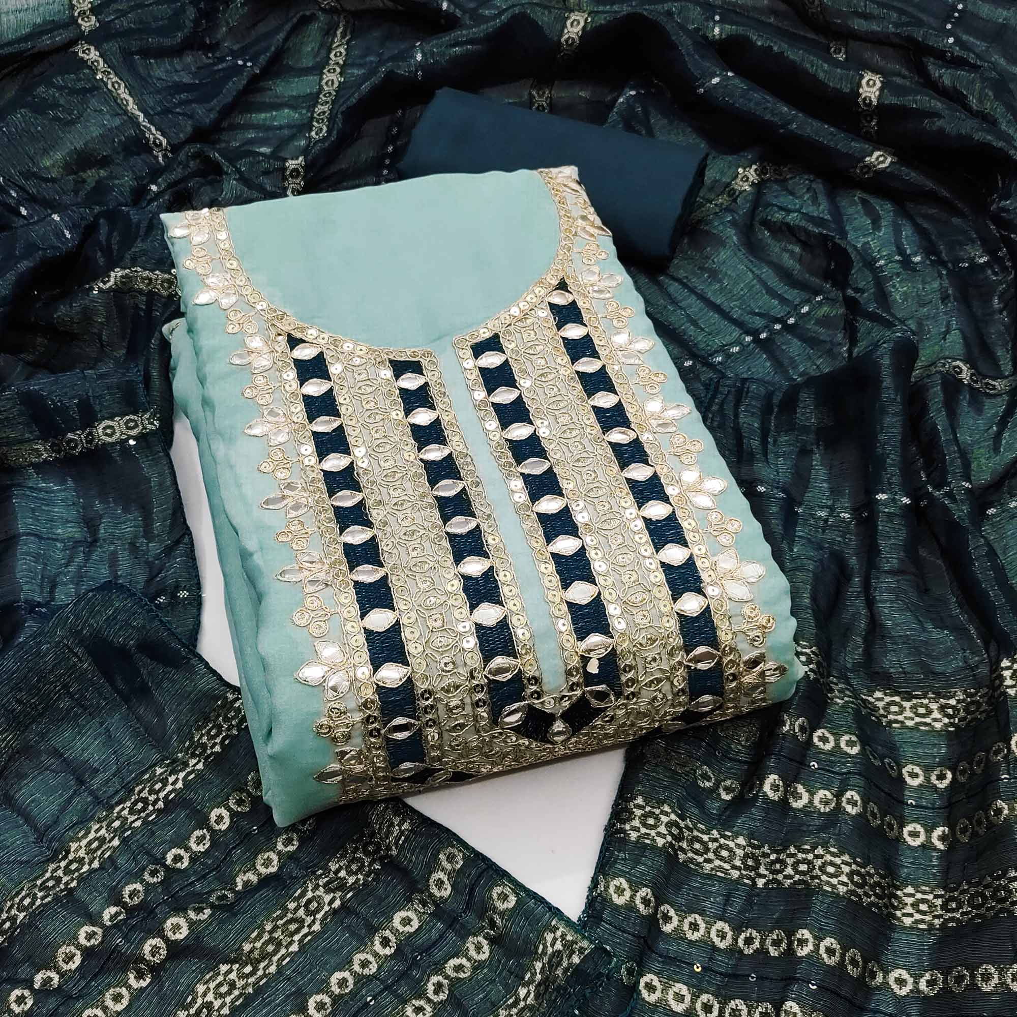Sea Green Georgette Suit Material with Beautiful Thread Work Embroidery