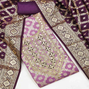 Purple Floral Weaving Jacquard Dress Material With Cording & Gota Patti Work