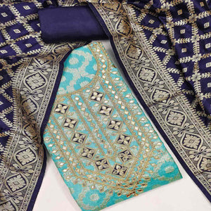 Turquoise Floral Weaving Jacquard Dress Material With Cording & Gota Patti Work