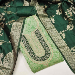 Green Printed Chanderi Silk Dress Material With Elegant Sequins & Cording Embroidery