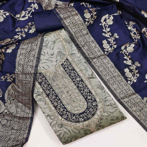 Grey Printed Chanderi Silk Dress Material With Elegant Sequins & Cording Embroidery