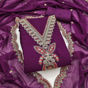 Purple Ensemble In Zomato Art Silk Adorned With Cording Floral Embroidery & Sparkling Sequins