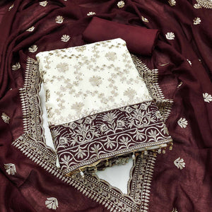 Offwhite & Maroon Vichitra Silk Dress Material With Intricate Floral Zari Work