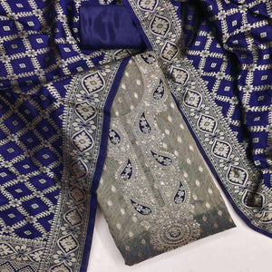 Grey Shimmer Jacquard Dress Material With Elegant Weaving & Cording Embroidery Work