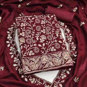 Maroon Vichitra Silk Dress Material With Elegant Floral Thread Embroidery