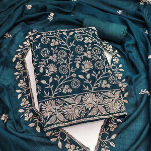 Morpich Blue Vichitra Silk Dress Material With Elegant Floral Thread Embroidery