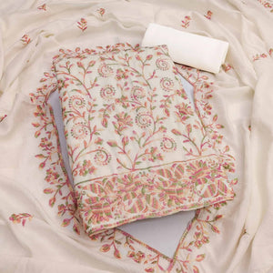 Offwhite Vichitra Silk Dress Material With Elegant Floral Thread Embroidery