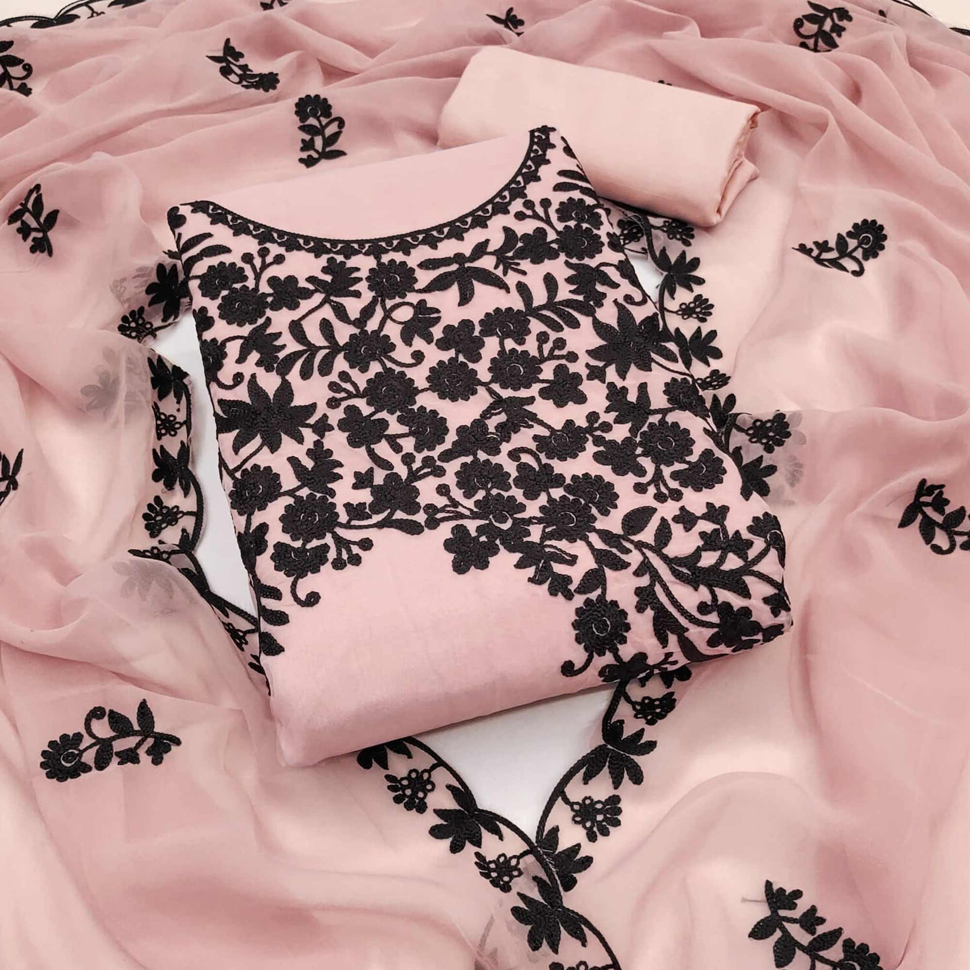 Pink Georgette Dress Material Adorned With Delicate Floral Thread Embroidery