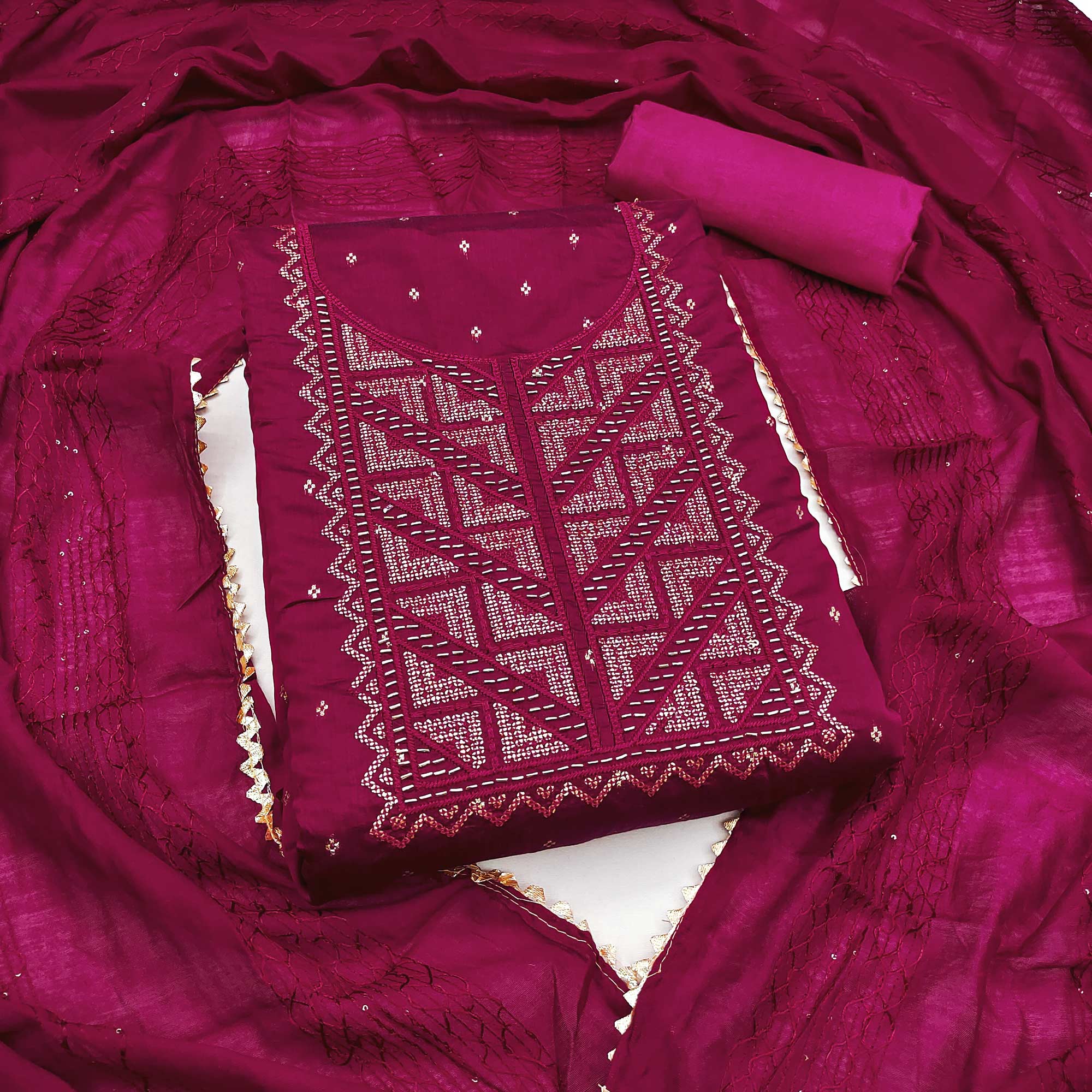 Rani Pink Sequins Embroidered Dress Material Crafted On Rich Chanderi Silk Jacquard