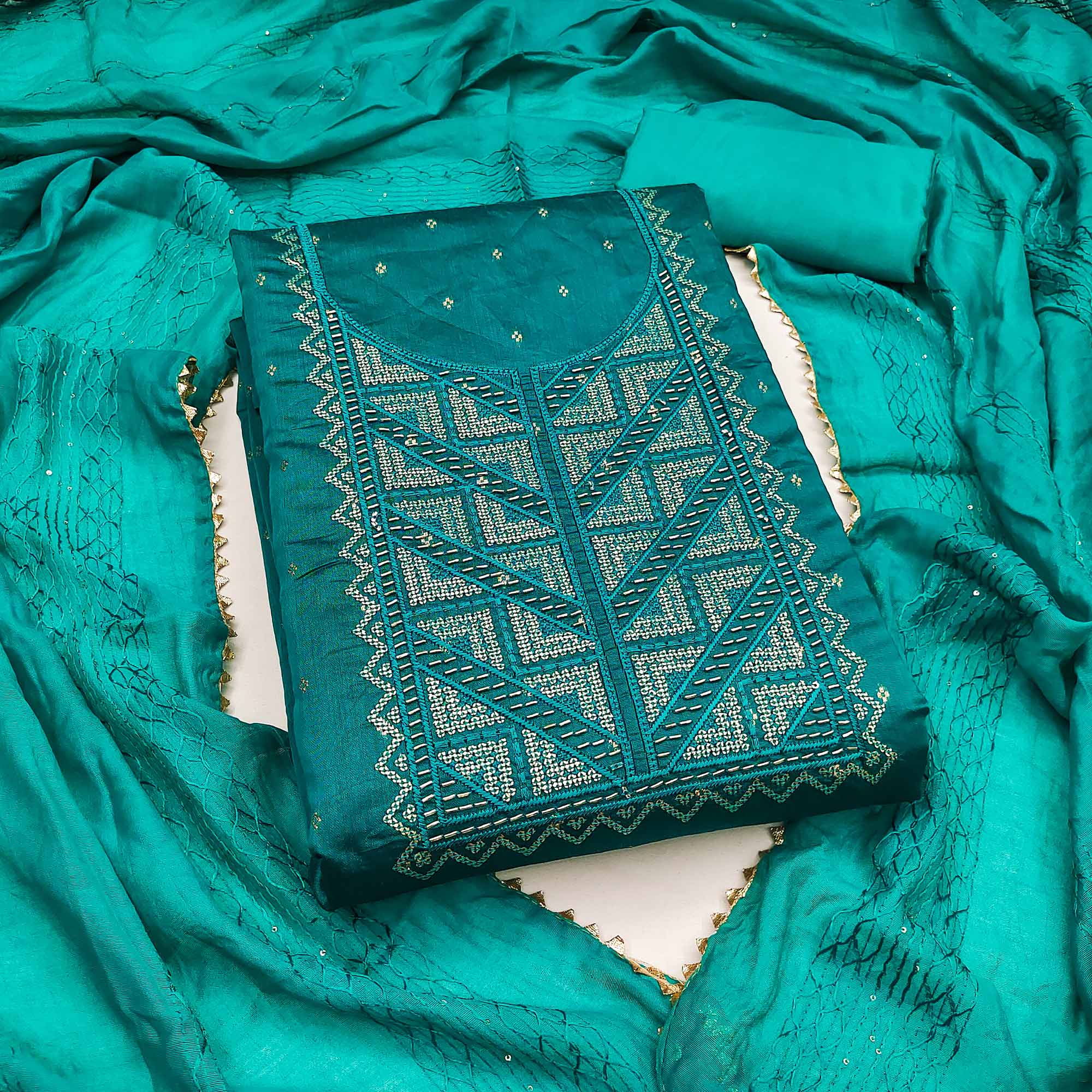 Turquoise Sequins Embroidered Dress Material Crafted On Rich Chanderi Silk Jacquard