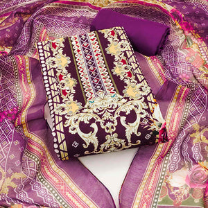 Purple Dress Material in Rayon with Delicate Floral Patterns