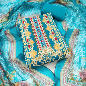 Teal Dress Material in Rayon with Delicate Floral Patterns