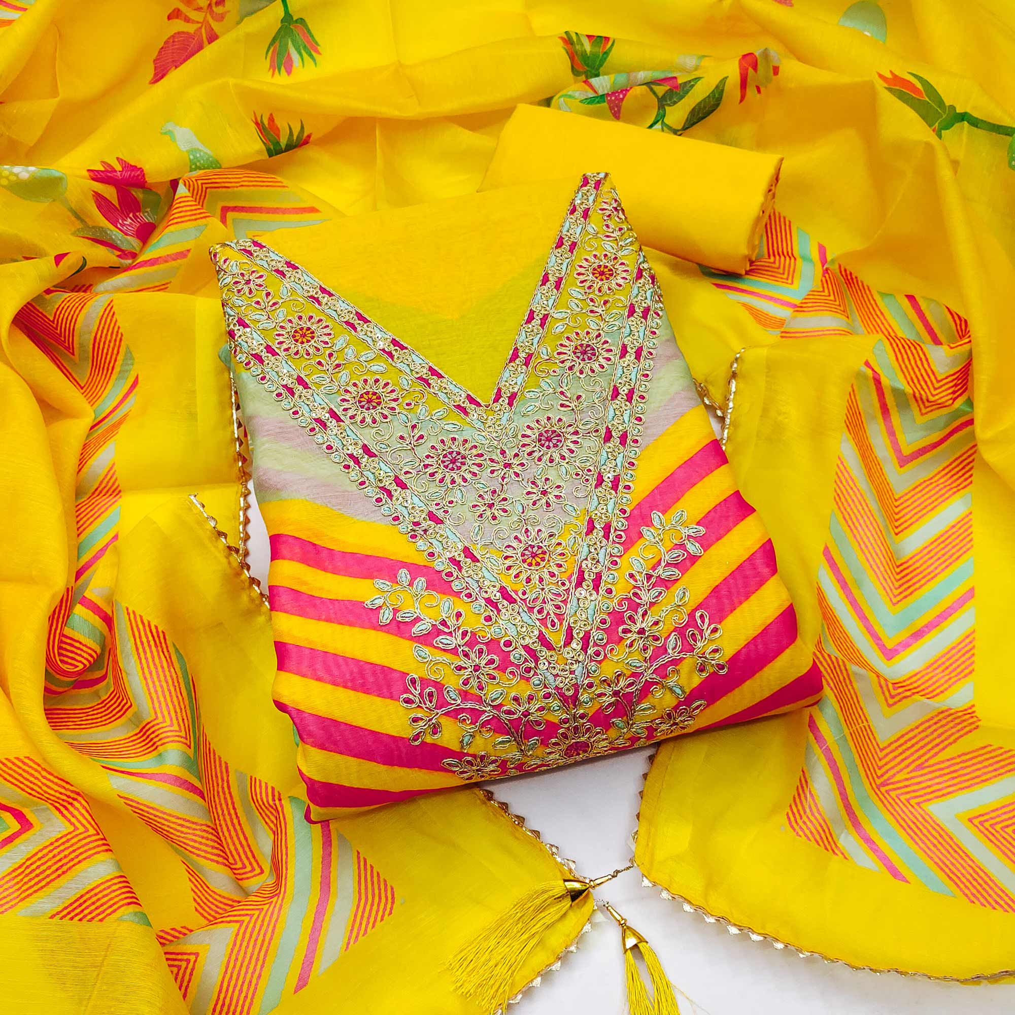 Designer Yellow Chanderi Silk Dress Material with Bold Prints and Rich Embroidery
