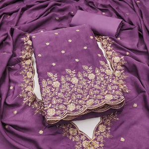 Purple Vichitra Silk Dress Material with Rich Threadwork