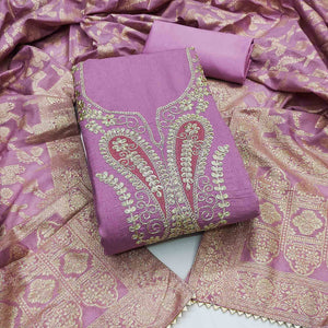 Onion Pink Vichitra Silk Dress Material Enhanced With Elegant Floral Sequins Cording Embroidery
