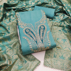 Turquoise Vichitra Silk Dress Material Enhanced With Elegant Floral Sequins Cording Embroidery