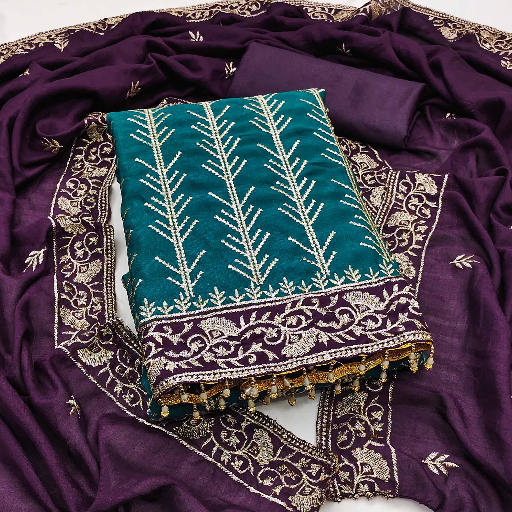 Teal Vichitra Silk Dress Material Featuring Graceful Floral Embroidery Work
