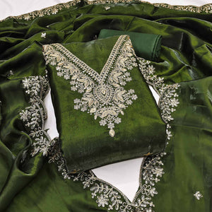 Green Unstitched Organza Suit with Thread Embroidery