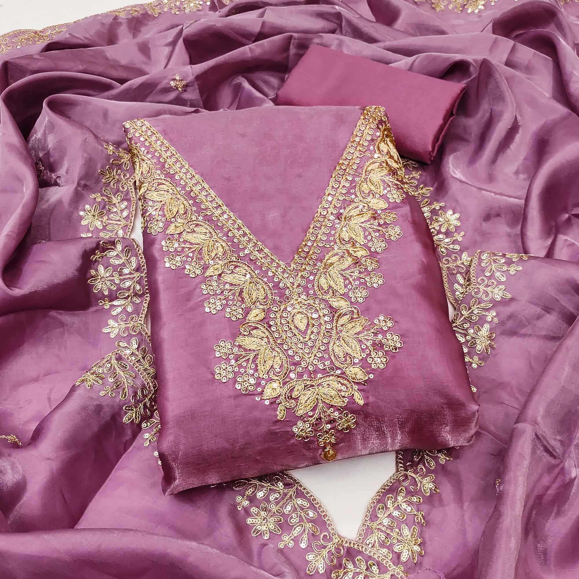 Onion Pink Organza Dress Material With Elegant Thread Embroidery
