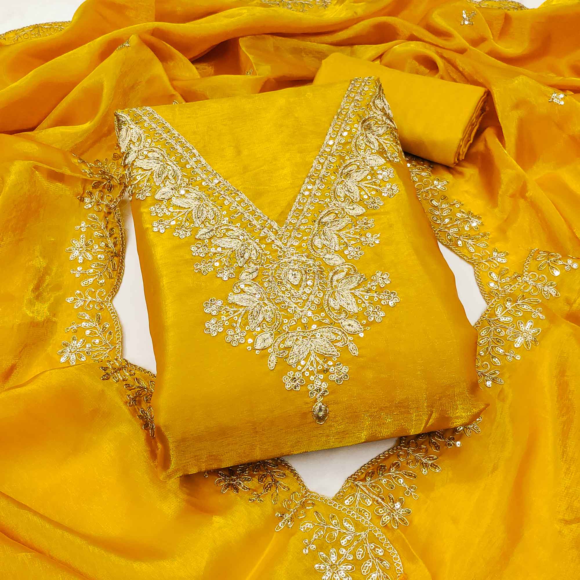 Yellow Organza Dress Material With Elegant Thread Embroidery