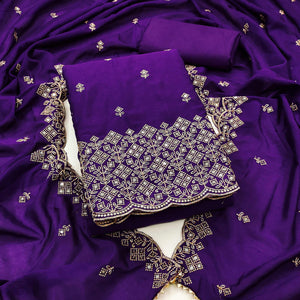 Purple Vichitra Silk Dress Material Featuring Intricate Floral Embroidery & Sequins Work