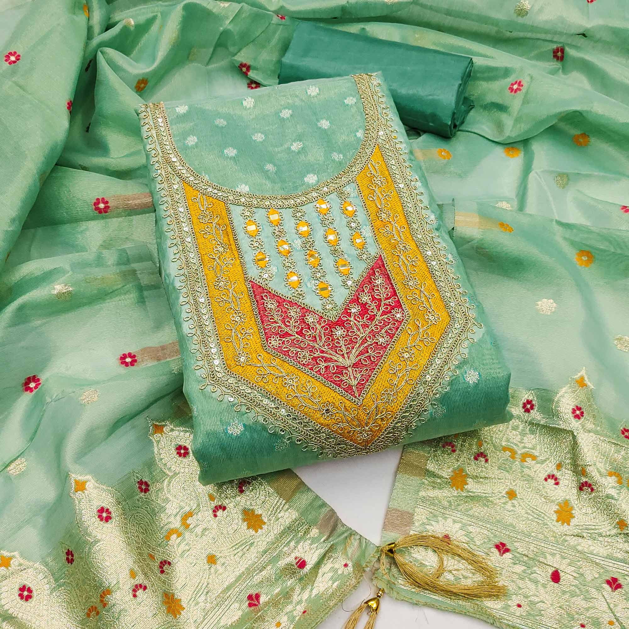 Green Shimmer Dress Material Featuring Floral Weaving & Sparkling Sequins Embroidery