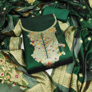 Green Organza Silk Dress Material Adorned With Exquisite Floral Zari Weaving Work