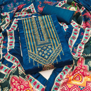 Blue Digital Printed Chinon Dress Material With Sequins & Handwork Embellishment